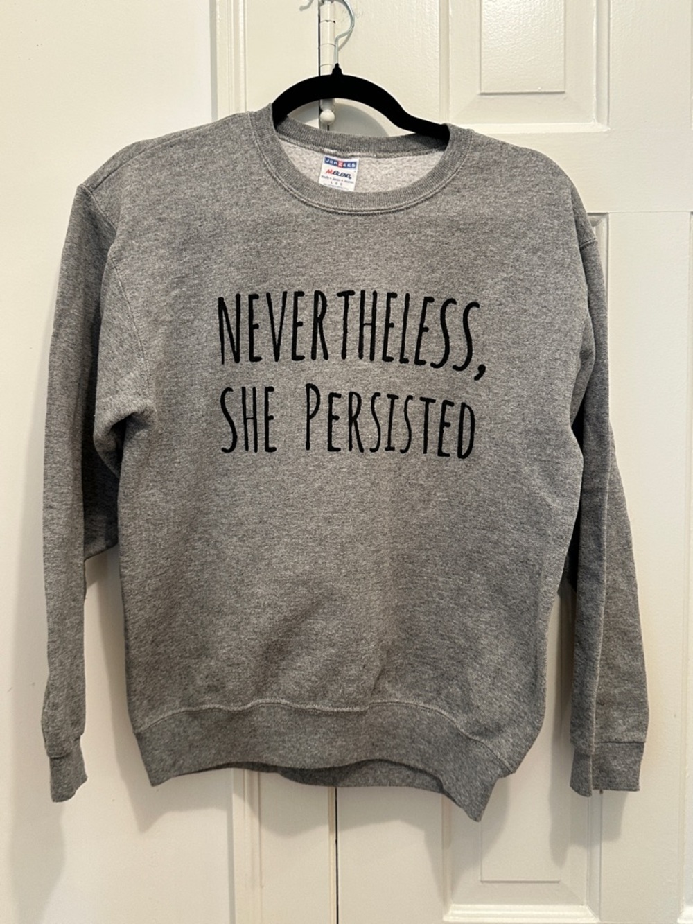 Jerzees Gray Crewneck Sweatshirt with 'Nevertheless, She Persisted' Print